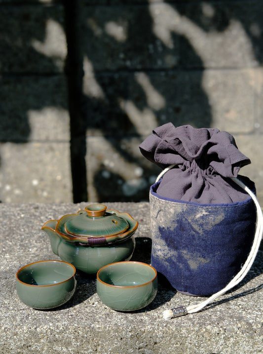 East Asian Ceramic Tea Set & Statement Cotton Carrying Bag