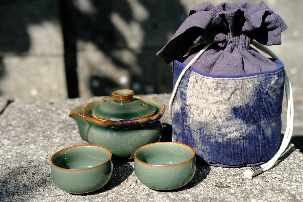 East Asian Ceramic Tea Set & Statement Cotton Carrying Bag