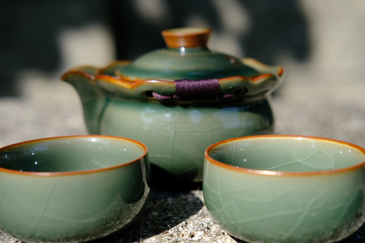 East Asian Ceramic Tea Set & Statement Cotton Carrying Bag
